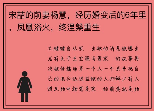 宋喆的前妻杨慧,经历婚变后的6年里,凤凰浴火,终涅槃重生
