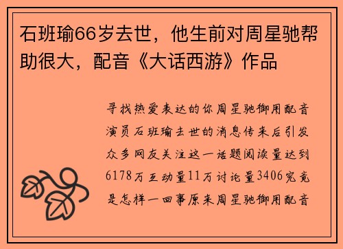 石班瑜66岁去世,他生前对周星驰帮助很大,配音《大话西游》作品