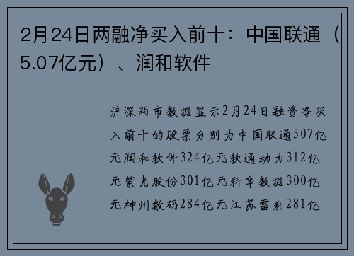 2月24日两融净买入前十:中国联通(5.07亿元)、润和软件