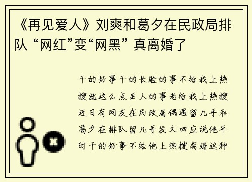 《再见爱人》刘爽和葛夕在民政局排队 “网红”变“网黑” 真离婚了